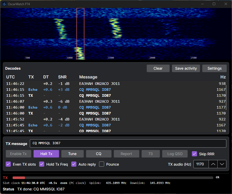 OscarWatch FT4 window with waterfall, decodes and echoes of a CQ through a linear satellite