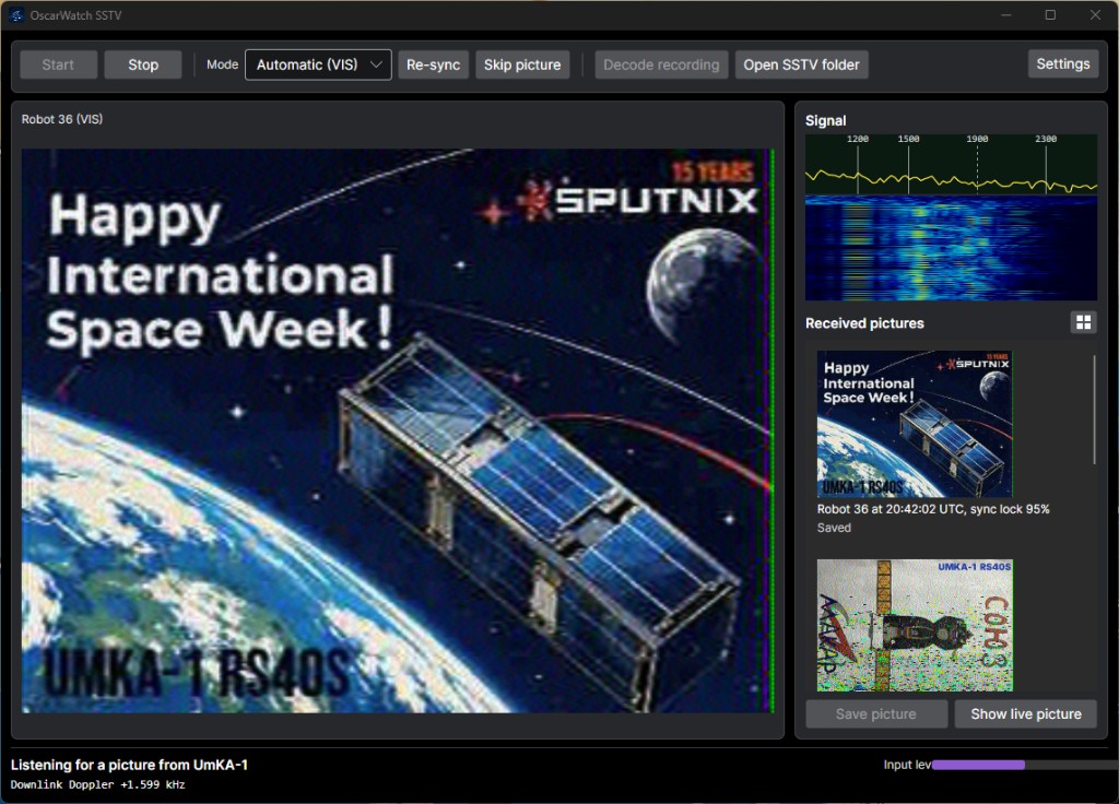 OscarWatch SSTV window showing a Robot 36 picture decoded from UmKA-1